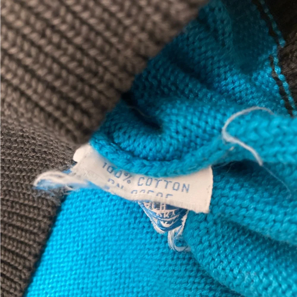 Vintage 80’s Striped Geometric Sweater Black Blue Retro Men’s Large FLAWED - Picture 3 of 7